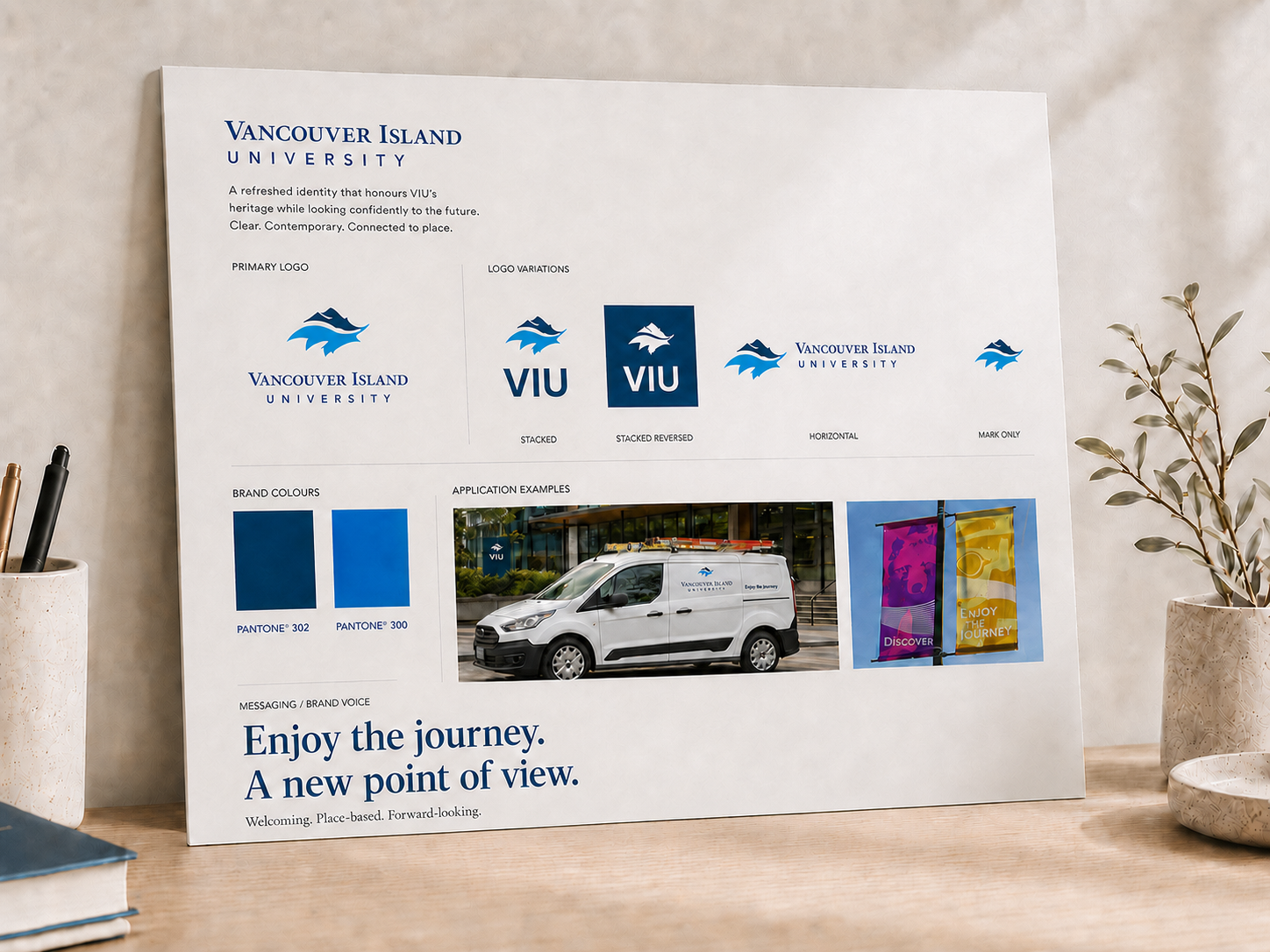 Vancouver Island University brand board with logo system, colour, messaging, and application examples