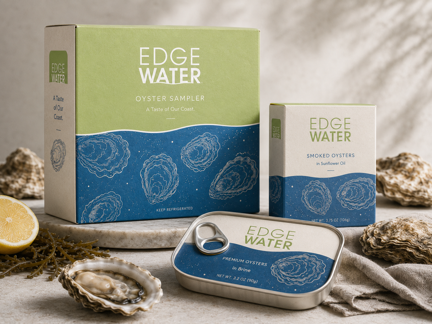 Edge Water oyster sampler packaging with blue wave pattern and oyster illustration