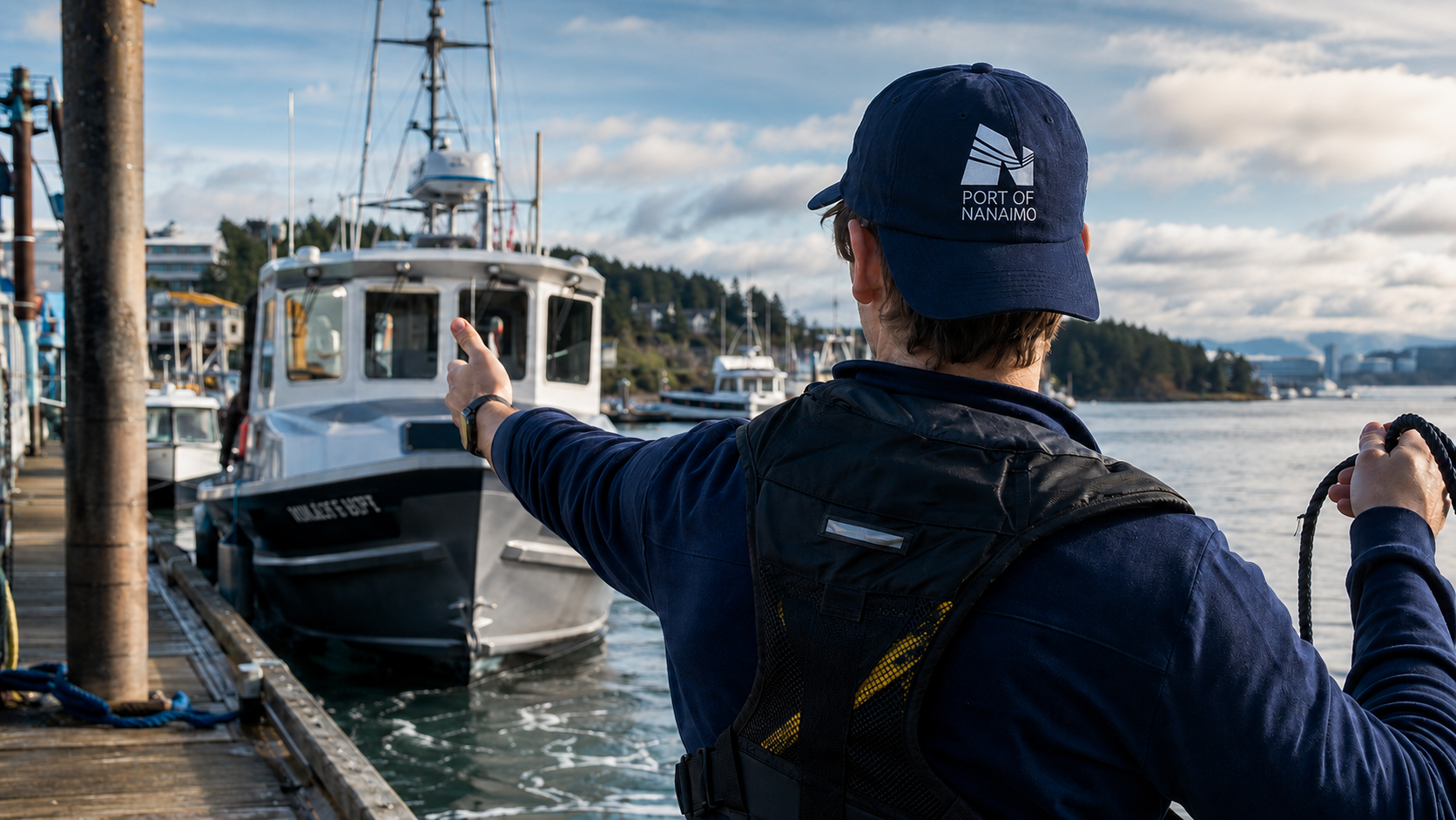 Port Authority of Nanaimo logo embroidered on a cap as a young dock worker guides a boat in Nanaimo harbour